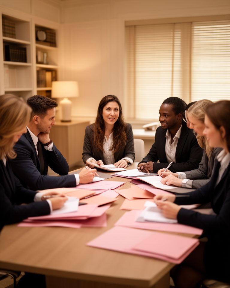 Team legale riunito in una sala consulenze elegante con luci calde e cartelle di lavoro su tavolo in legno