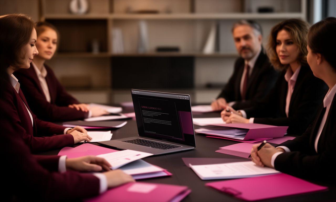 Professionisti legali in studio a Roma durante una riunione strategica con fascicoli e laptop aperti